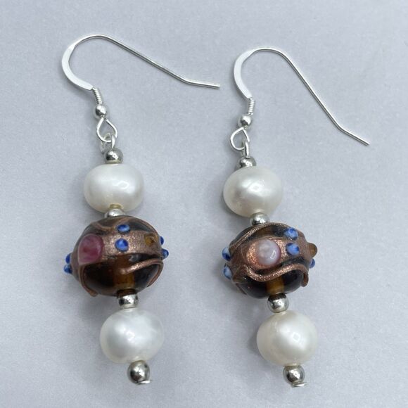 Artisan 925 Sterling Silver Vintage Murano Wedding Cake Pearls Dangle Earrings - Picture 5 of 7